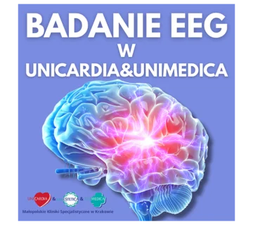 Grafika przedstawia kolorowy, schematyczny obraz ludzkiego mózgu z widocznymi rozbłyskami elektrycznymi, symbolizującymi aktywność neuronalną. Na górze znajduje się duży, biały napis: „BADANIE EEG W UNICARDIA & UNIMEDICA”. Na dole widoczne są logotypy klinik oraz napis: „Małopolskie Kliniki Specjalistyczne w Krakowie” na niebieskim tle. eeg kraków, badanie mózgu, padaczka, diagnostyka mózgu