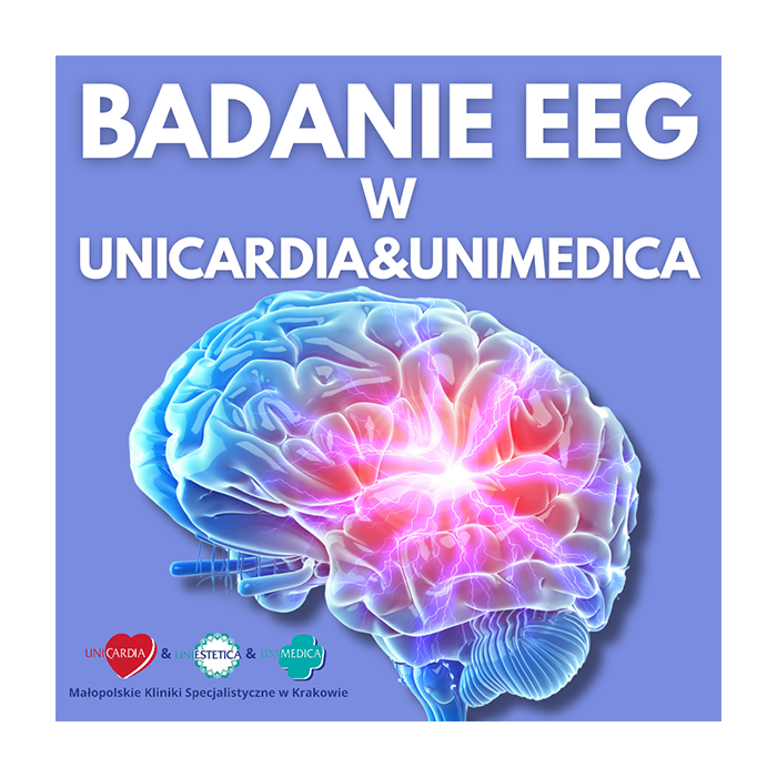 Grafika przedstawia kolorowy, schematyczny obraz ludzkiego mózgu z widocznymi rozbłyskami elektrycznymi, symbolizującymi aktywność neuronalną. Na górze znajduje się duży, biały napis: „BADANIE EEG W UNICARDIA & UNIMEDICA”. Na dole widoczne są logotypy klinik oraz napis: „Małopolskie Kliniki Specjalistyczne w Krakowie” na niebieskim tle. eeg kraków, badanie mózgu, padaczka, diagnostyka mózgu